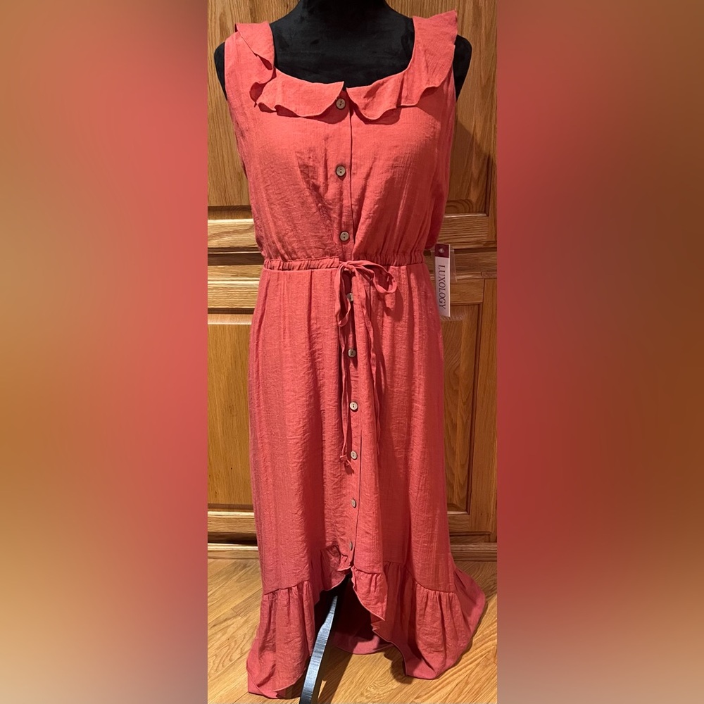 Luxology Sleeveless Ruffle Tie Waist High Low‎ Hem Midi Dress Coral Size Medium